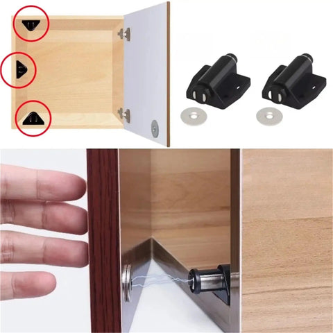 Magnetic Touch Latches For Cabinets And Drawers, Press To Open Door Hardware showing installation and operation detail