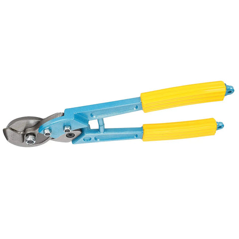 Long Arm Cable Cutter For Electricians, 100mm² Capacity, blue aluminum alloy handles, yellow grips, high carbon steel blade