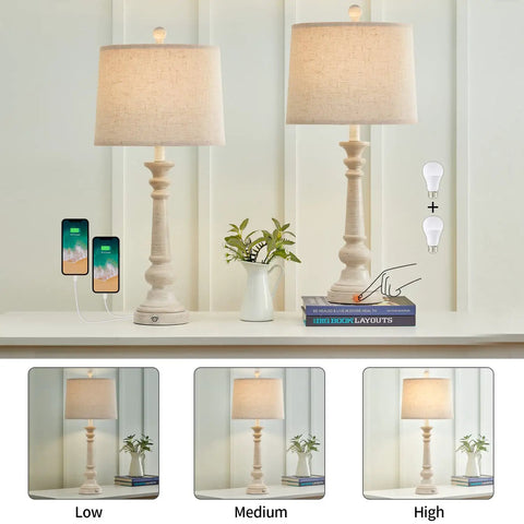 Set Of 2 27.75 Inch 3 Way Dimmable Touch Table Lamps With USB Ports Bulb Included Linen Washed Finish Rustic Farmhouse Nightstand Lighting