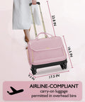 Pink TSA friendly rolling laptop bag for women with four spinner wheels and telescopic handle, dimensions listed, perfect for travel.