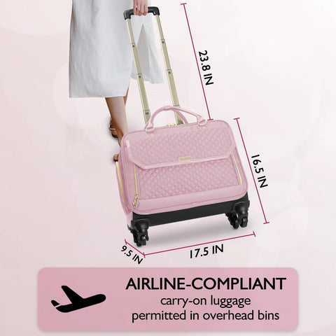 Pink TSA friendly rolling laptop bag for women with four spinner wheels and telescopic handle, dimensions listed, perfect for travel.