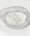 Coiled clear PVC tubing 1/4 in ID x 3/8 in OD, 10 ft, with two silicone extension joints and two bend joints