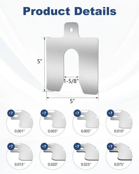 Essentials Shop Kit 56 Piece 5X5 Inch Precision Metal Leveling Shims With Eight Distinct Thicknesses, showing shim measuring 5 inches with thicknesses.
