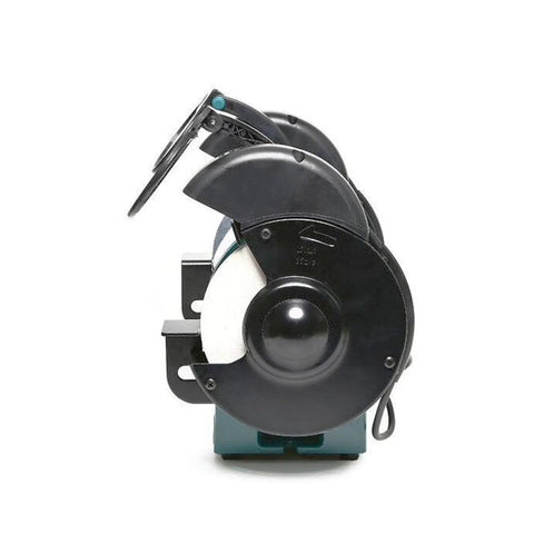 Front view of 6 Inch Bench Grinder and Metal Polisher for DIY Woodworking, highlighting adjustable spark arresters and polishing disc.