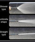 Upgraded Beefed Up High Pressure Water Gun with Booster Nozzle showing three adjustable spray patterns for outdoor cleaning.