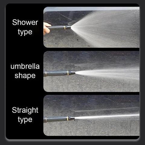 Upgraded Beefed Up High Pressure Water Gun with Booster Nozzle showing three adjustable spray patterns for outdoor cleaning.