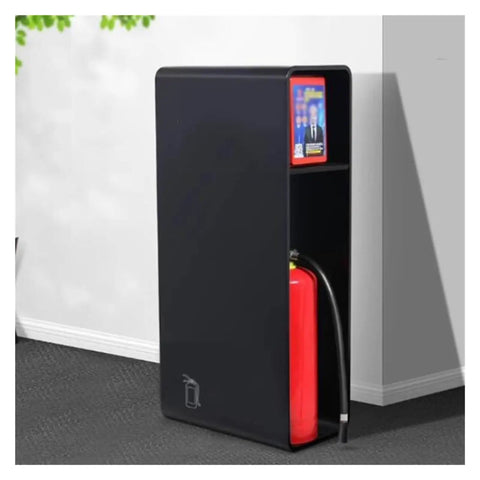 Heavy Duty Metal Fire Extinguisher Cabinet Wall Mount Storage Box All Weather Waterproof Dustproof Black Industrial Grade Safety Gear Built Tough For Shop Or Barn with red cylinder visible.