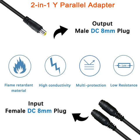 Diagram of 8mm Parallel Adapter Cable For Solar Systems, Y Branch Splitter With Reverse Current Protection, showing male and female plugs