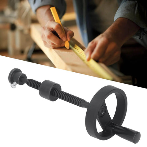 Self Locking Vise Screw For Workbench T16X220MM With 100MM Handwheel, 140MM Stroke, shown on workbench with woodworker