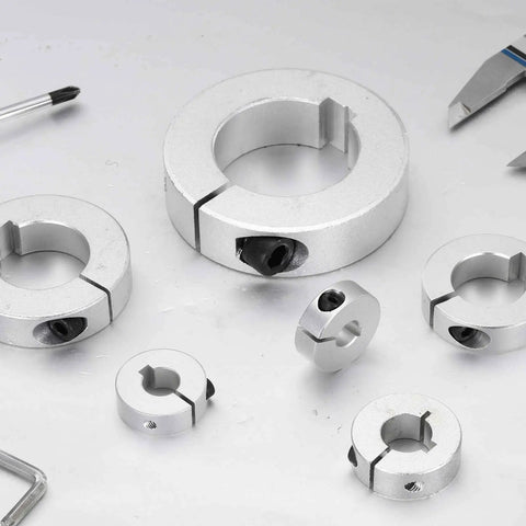 2 Pack Aluminum Shaft Collar Clamp Style Locking, 3/4 Bore, 1-9/16 OD, 1/2 Thick, Heavy Duty One Piece Design for CNC Machines and Industrial Automation, Secures Bearings, Gears, and Pulleys on Shafts aluminum collar set shown with assorted sizes