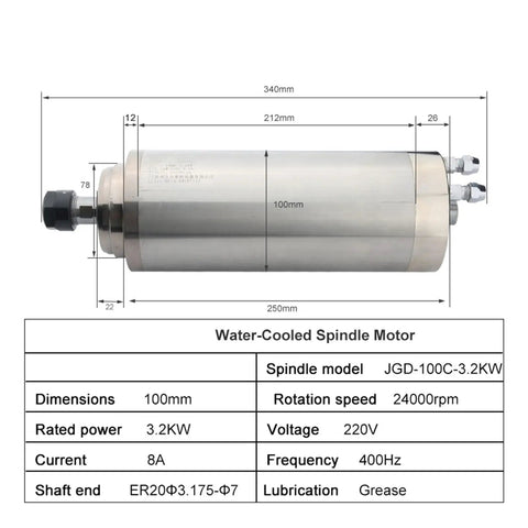 Badass 3.2 KW ER20 Water Cooled Spindle Motor showing dimensions and specifications for CNC engraving and milling.