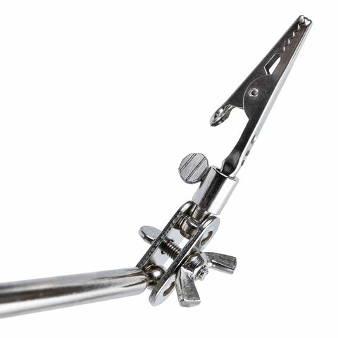 Close-up of an alligator clip on the Dual Alligator Clip Soldering Aid With Weighted Base For Stable Hands Free Soldering Adjustable Angles And Position