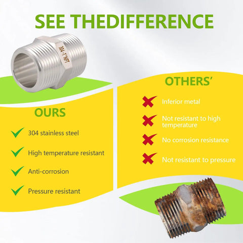 Comparison of 304 stainless steel hex nipple with inferior metal, highlighting corrosion and pressure resistance for Beefy Two Pack Hex Nipple 1 Inch by 1 Inch Male Pipe Fittings, 304 Stainless Steel NPT Threaded Pipe Adapters, Heavy Duty Male Straight Connectors for 1 Inch NPT Pipes.