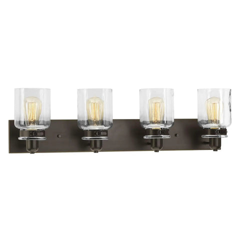 Vintage Farmhouse Bath Vanity Light With Clear Glass Shades, 4 Light Antique Bronze Finish, Warm Mid Century Modern Vibe For Bathroom Remodel