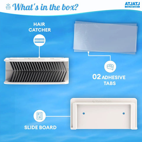 Large White Shower Hair Catcher With Flexible Silicone Bristles, adhesive tabs and slide board in the box.