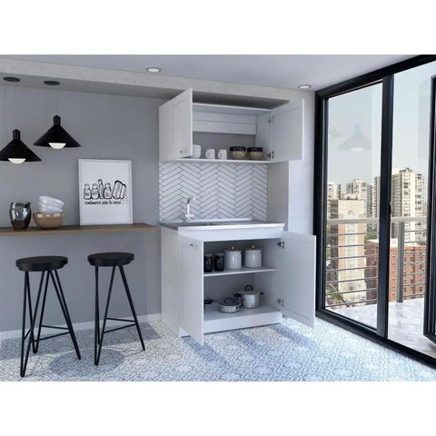 Premium White Two Piece Cabinet Set With Matching Countertops showcasing open and closed storage in a modern kitchen.