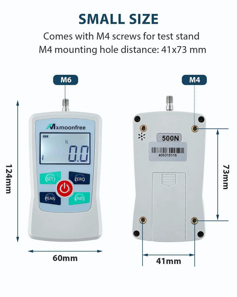 Go To Portable 500N Digital Force Gauge Push Pull Tester With Case, Four Measurement Units N Lb Kg Oz, Max Load 500N 50kg 110lb 1800oz, Accuracy About One Percent, Battery Powered With Two AAA, Three Measurement Modes. Small 60x124mm unit with M4 mount