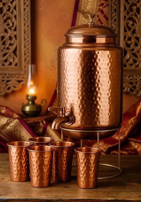 Copper Hammered Water Dispenser Tank with Tap, 6.5 Liter Capacity, Pure Copper Interior, five matching glasses on a table