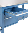 Built Like A Tank Heavy Duty Stainless Steel Workbench With Adjustable Legs Two Storage Drawers Industrial Strength Support Frame 5000 Lb Capacity 72 By 30 Inches Blue with open drawer.