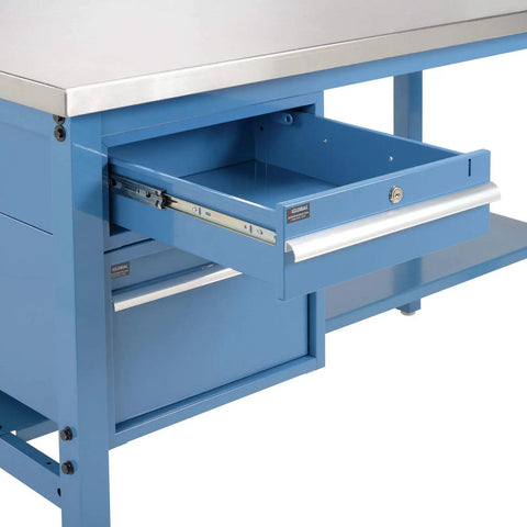 Built Like A Tank Heavy Duty Stainless Steel Workbench With Adjustable Legs Two Storage Drawers Industrial Strength Support Frame 5000 Lb Capacity 72 By 30 Inches Blue with open drawer.