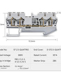 Side view of Ten Pack DIN Rail Terminal Block 4 Wire 2.5mm2 Spring Clamp Connector 300V ST 2.5 Quattro Green with dimensions.