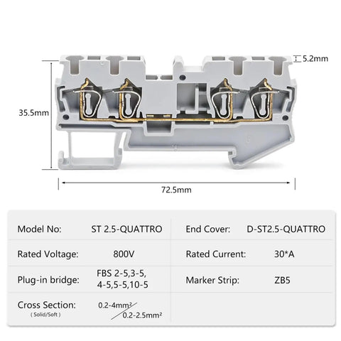 Side view of Ten Pack DIN Rail Terminal Block 4 Wire 2.5mm2 Spring Clamp Connector 300V ST 2.5 Quattro Green with dimensions.