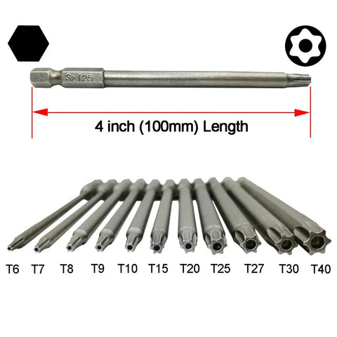 Long Torx Security Driver Bit Set One Quarter Inch Hex Shank 100mm Length T6 Through T40 11 Piece S2 Steel Torx Bits For Drill And Driver Pro Grade Great For Pros And Enthusiasts