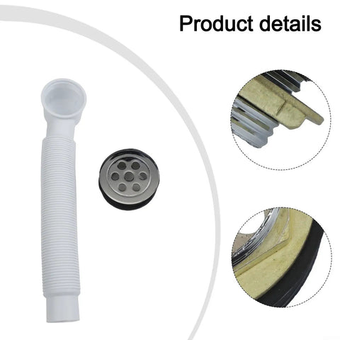 7-Hole Bathtub Drain Pipe Zinc Alloy ABS White(Drainer + Pipe) with a flexible white pipe and round metallic grid cover.