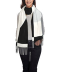 Black And White Piano Grid Long Scarf With Casual Fringe Edge Mega Comfy Winter Shawl Wrap on a woman standing, 77.6x28.3 inch.