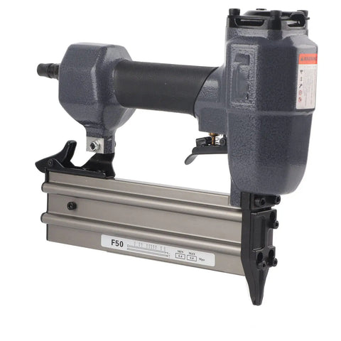 Rock Solid Heavy Duty Pneumatic Brad Nailer And Air Powered Stapler For No Fuss Woodworking and DIY Carpentry Projects Featuring Premium Aluminum Alloy Construction, side view.