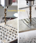 Pro Grade M35 Cobalt Drill Bit And Tap Die Set 115 Pieces drilling into metal sheet, showing sharpness and efficiency.