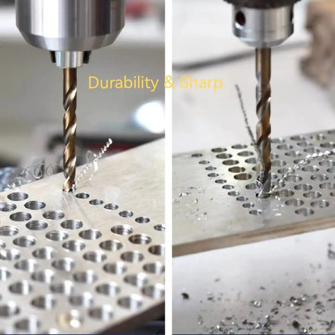 Pro Grade M35 Cobalt Drill Bit And Tap Die Set 115 Pieces drilling into metal sheet, showing sharpness and efficiency.