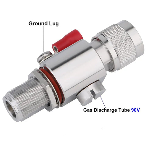 N Type Lightning Arrestor 0-6 GHz 50 Ohm Bi-Directional Protection N-Male N-Female Mountable Outdoor Panel Bulkhead close-up view.
