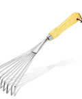 Stainless Steel Hand Rake With Ergonomic Handle For Gardening, Small Leaf Rake For Cultivating Soil, Loosening Dirt, Tilling, Mulch And Fertilizer Spreading, Totally Great For Flower Beds, Yard Cleanup And Garden Sweep Tools shown on white background