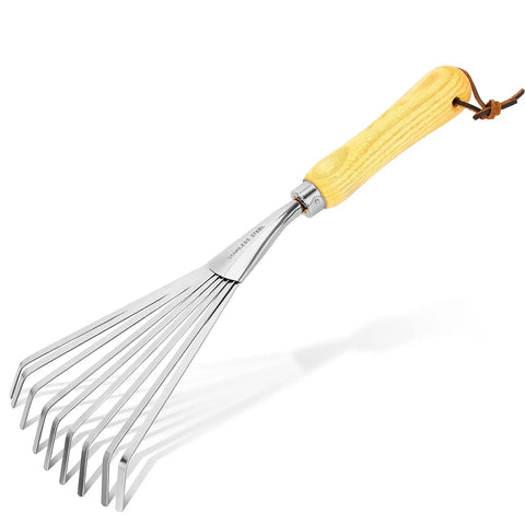 Stainless Steel Hand Rake With Ergonomic Handle For Gardening, Small Leaf Rake For Cultivating Soil, Loosening Dirt, Tilling, Mulch And Fertilizer Spreading, Totally Great For Flower Beds, Yard Cleanup And Garden Sweep Tools shown on white background