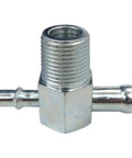 Intake manifold vacuum T-fitting; zinc-plated steel, top 3/8 in NPT thread, 1/4 in and 3/8 in nipples.