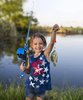 Child with Kids Fishing Pole Starter Kit With Tackle Box, Reel, Practice Plug, Beginner's Guide And Travel Bag, holding fish by pond
