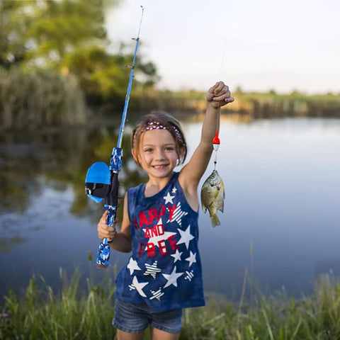 Child with Kids Fishing Pole Starter Kit With Tackle Box, Reel, Practice Plug, Beginner's Guide And Travel Bag, holding fish by pond