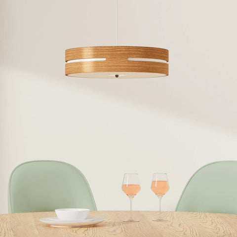 20 Inch LED Hanging Pendant Light With Mid Century Wood Drum Fixture Dope Vintage Style over dining table