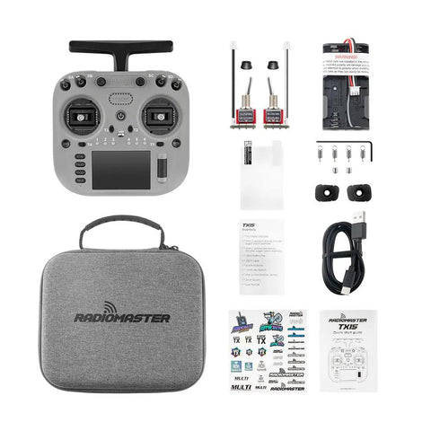 TX15 ExpressLRS Radio Controller With Hall Gimbals, 3.5 Inch IPS Touchscreen, Mode 2, Foldable Antenna, Dual Band 2.4GHz And 900MHz, STM32 H7 Power, Gray with accessories and carrying case