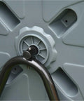 Close-up of a gray 43 Gallon Dual Chamber Compost Tumbler With 360 Degree Rotation And 16 Aeration Vents showing a turning handle.
