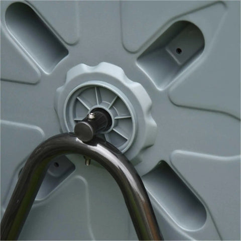 Close-up of a gray 43 Gallon Dual Chamber Compost Tumbler With 360 Degree Rotation And 16 Aeration Vents showing a turning handle.