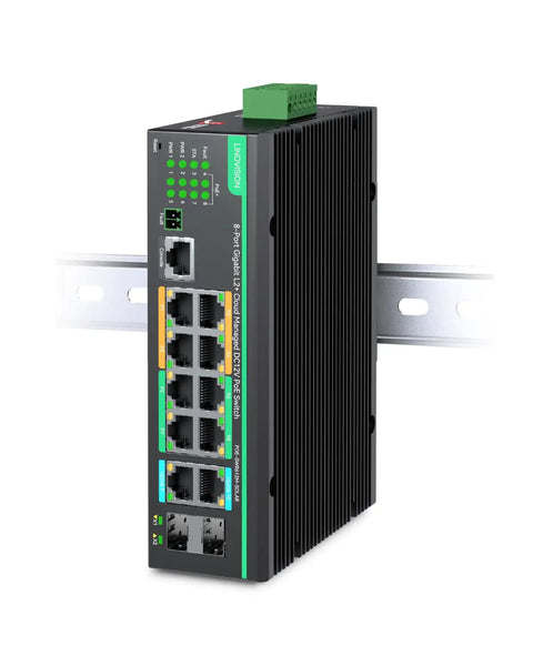 Ultimate Industrial 12-Port L2+ Cloud Managed PoE Switch with Redundant DC8-57V Power Input installed on a rail.