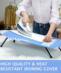 Person ironing on a 12.5 X 32 Inch Mini Ironing Board Cover With 100 Percent Cotton Cover And Extra Thick Pad That Keeps It Real Resists Scorching And Staining