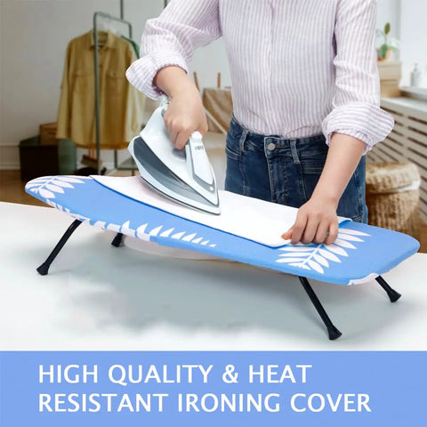 Person ironing on a 12.5 X 32 Inch Mini Ironing Board Cover With 100 Percent Cotton Cover And Extra Thick Pad That Keeps It Real Resists Scorching And Staining