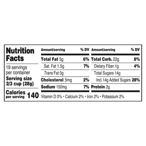 Nutrition facts label for Smokin Sweet Caramel Nut Popcorn Clusters 20 Oz Jumbo Barrel indicating servings and nutrients.