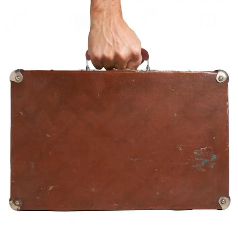 Two Brown Leather Luggage Handles With Metal Mounts, 110mm Long Pull Handles For Trunk, Bag, Briefcase, shown on a suitcase