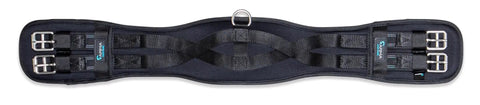 Top view of Memory Foam Dressage Girth with shock-absorbing comfort, anatomic contour, nylon webbing, elastic inserts, steel roller buckles, 26 inch.
