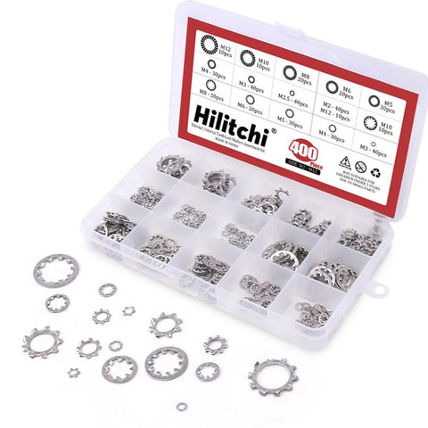 Front view of Hilitchi 400-pc stainless steel star lock washers assortment kit in a clear plastic organizer, M2-M12