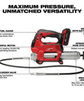 Heavy Duty Cordless Two Speed High Flow Grease Gun Kit Runs Slick With Rapid Battery Charger And Extended Flex Hose featuring LED gauge and integrated hose storage.